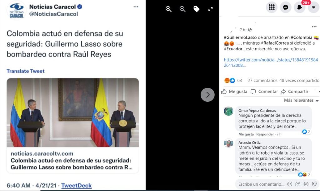 En abril, Lasso dijo que el bombardeo contra Reyes fue por defensa